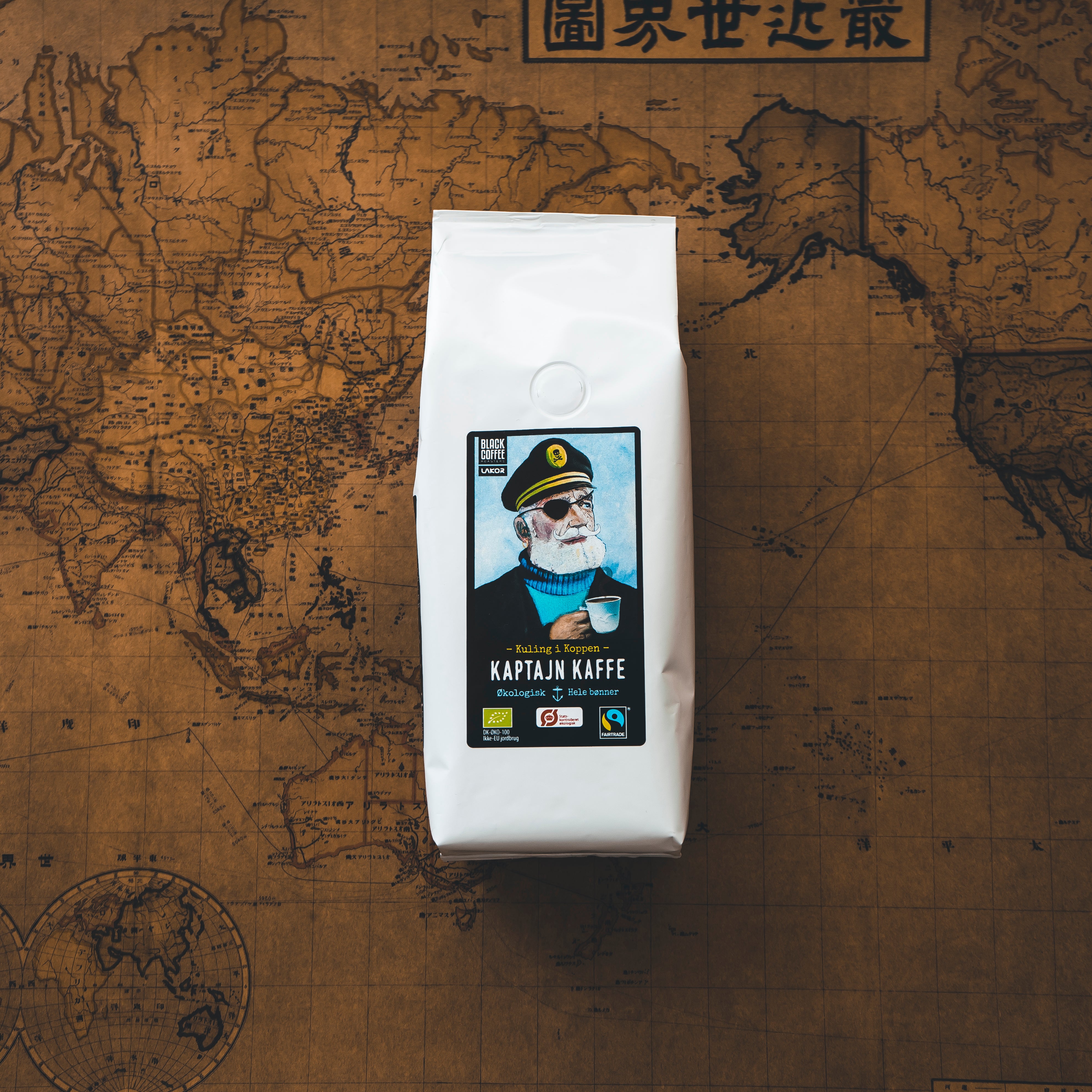 Kaptajn Kaffe, økologisk og fairtrade certificeret kaffe i en pose på 200g