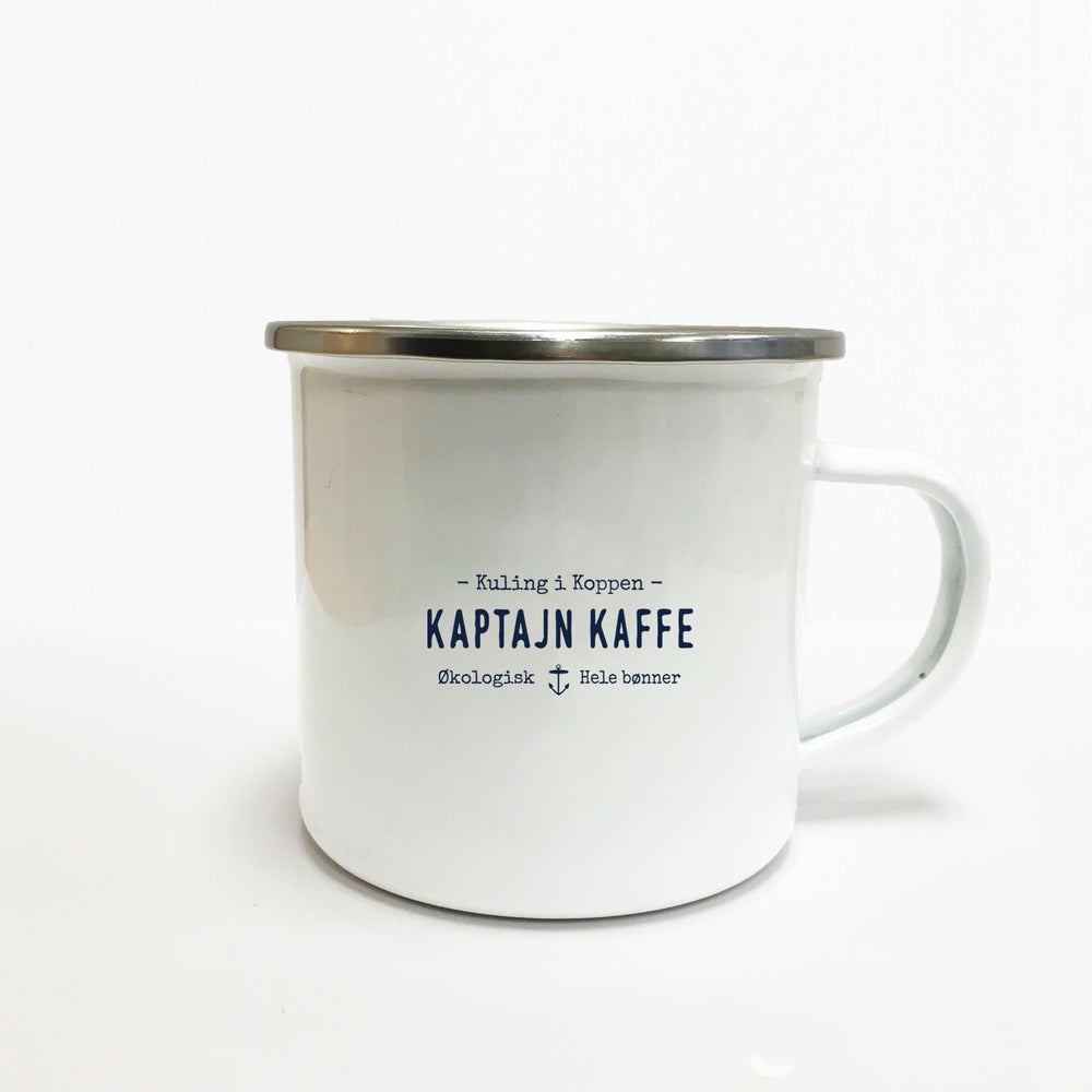 Kaptajnkaffe Emaljekrus krus med håndtegnet design og håndlavet, dansk design, bagside lakor