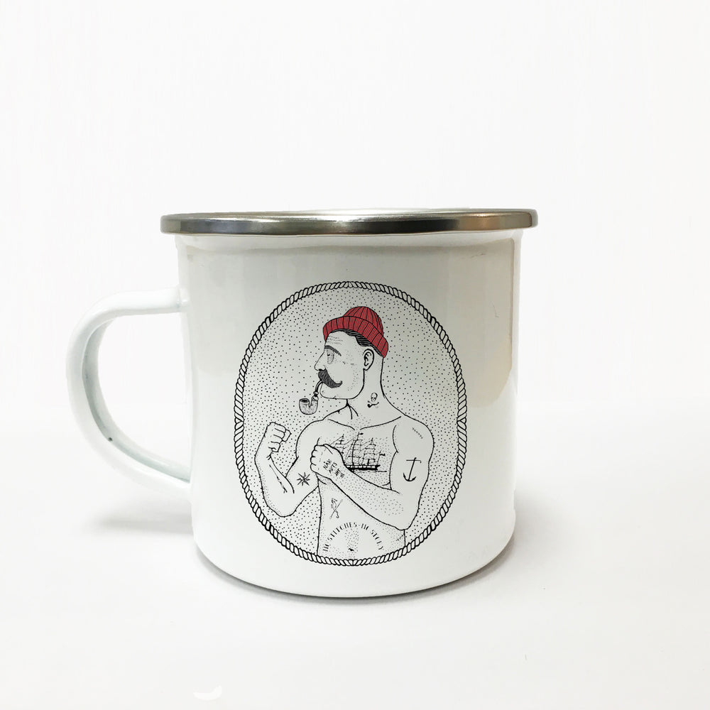 No Stitches Emaljekrus krus med håndtegnet design og håndlavet, dansk design